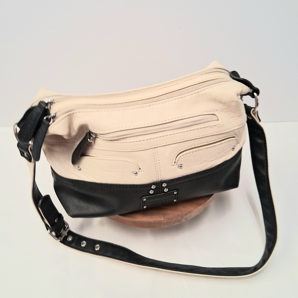 Stone & CO Butter Soft Leather Purse Cream Black Double Zip Strap Y2K 2000's
